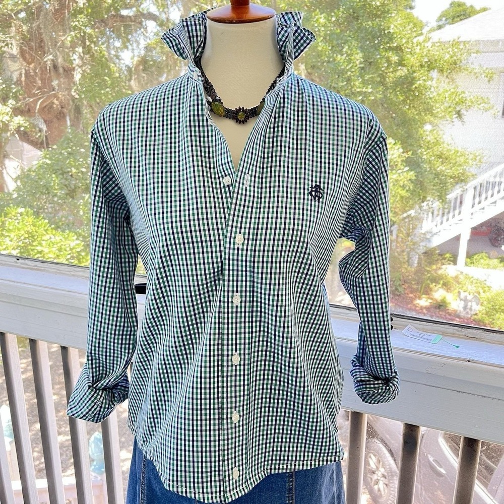 Upcycled Re-worked Brooks Bros Green Navy Micro Check Ruffle Collar Crop Shirt M - Picture 3 of 11